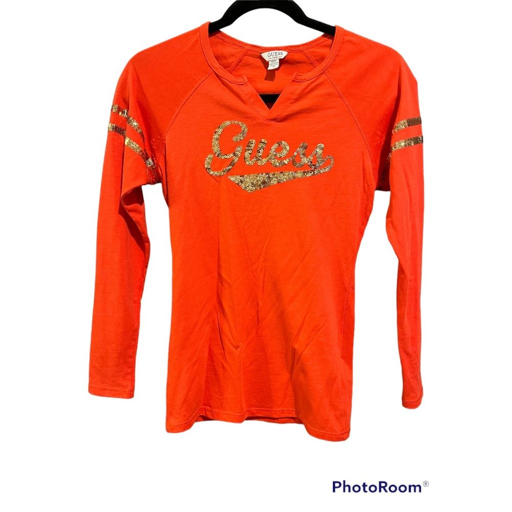 Guess Orange/Red with Gold Sequins Long Sleeve T-shirt Womens XS